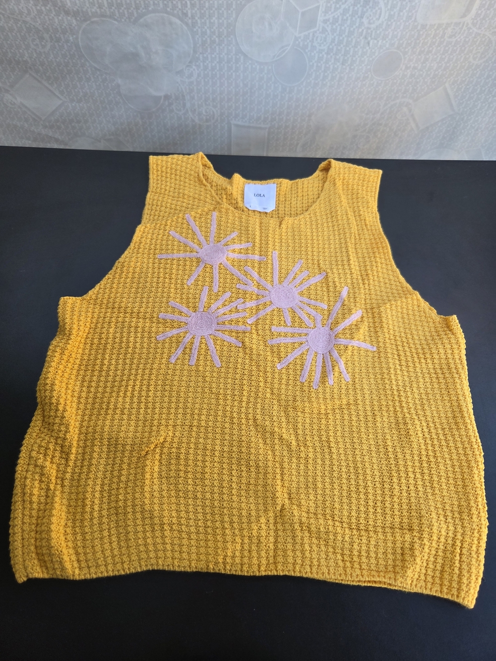 LOLA Mustard Yellow Knit Tank with Pink Daisy Appliqués - Picture 4 of 5